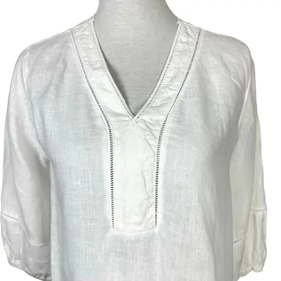 Joie | White 100% Linen Eyelet Detail V-neck 3/4 Sleeve Casual Tunic Top - Picture 5 of 12